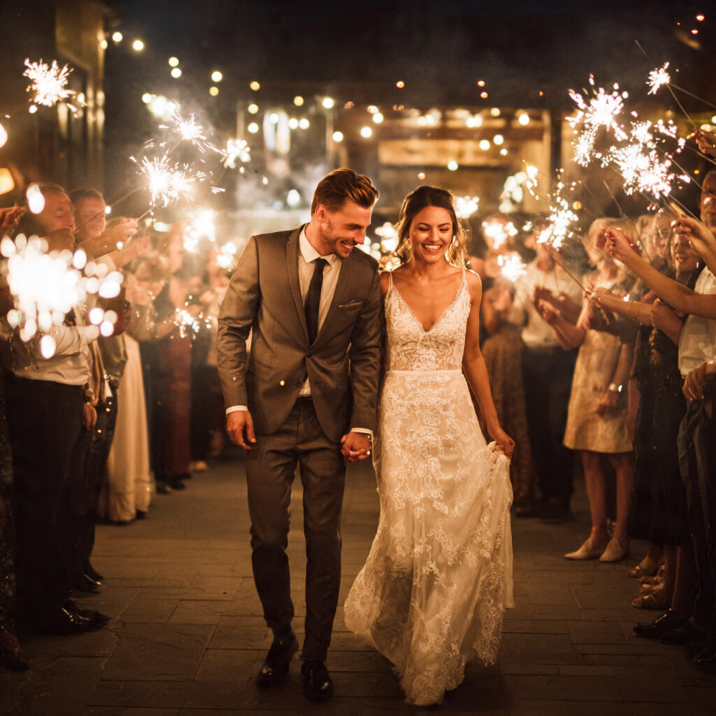 bride and groom exiting with sparklers glowing war