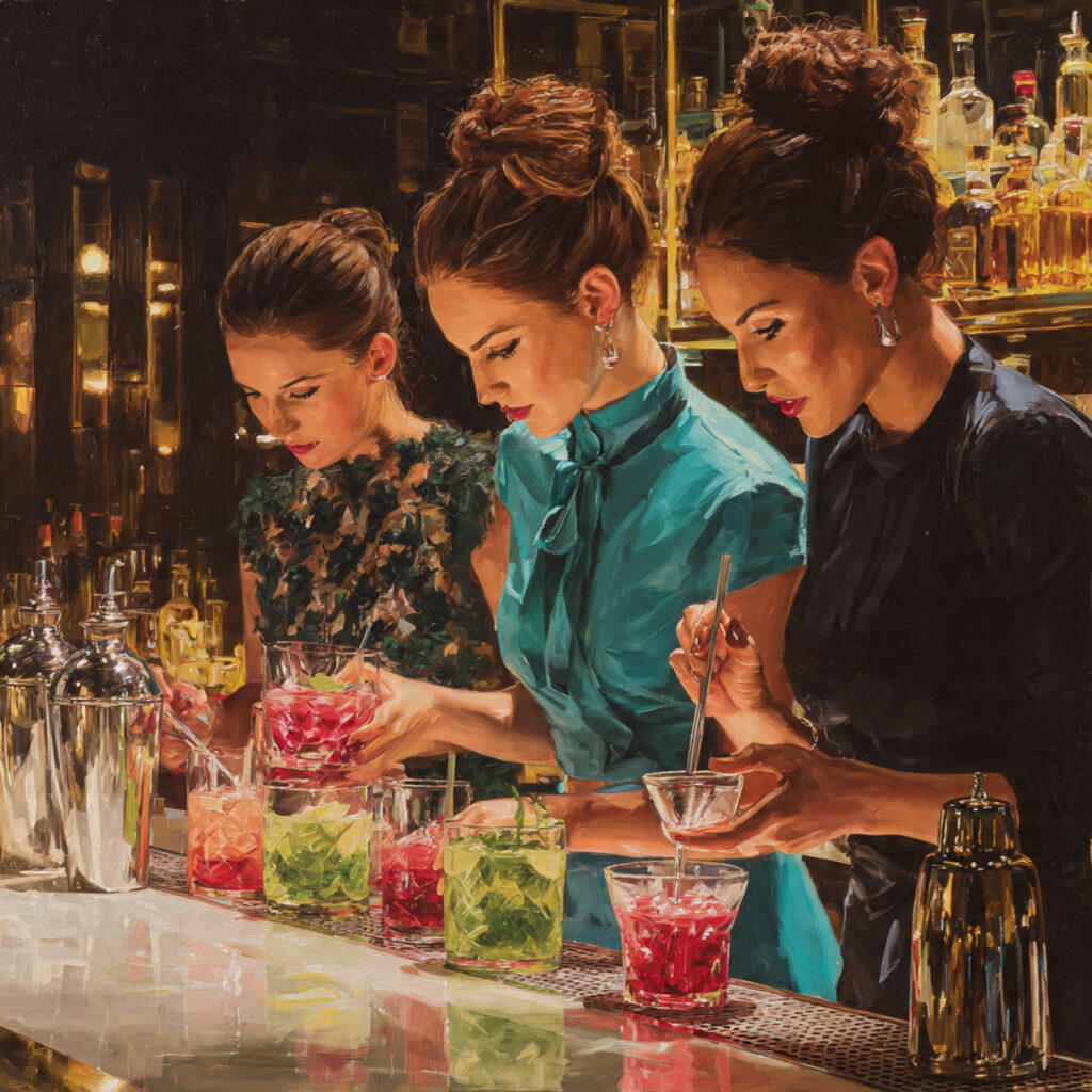 hen party cocktail class women mixing colorful dri