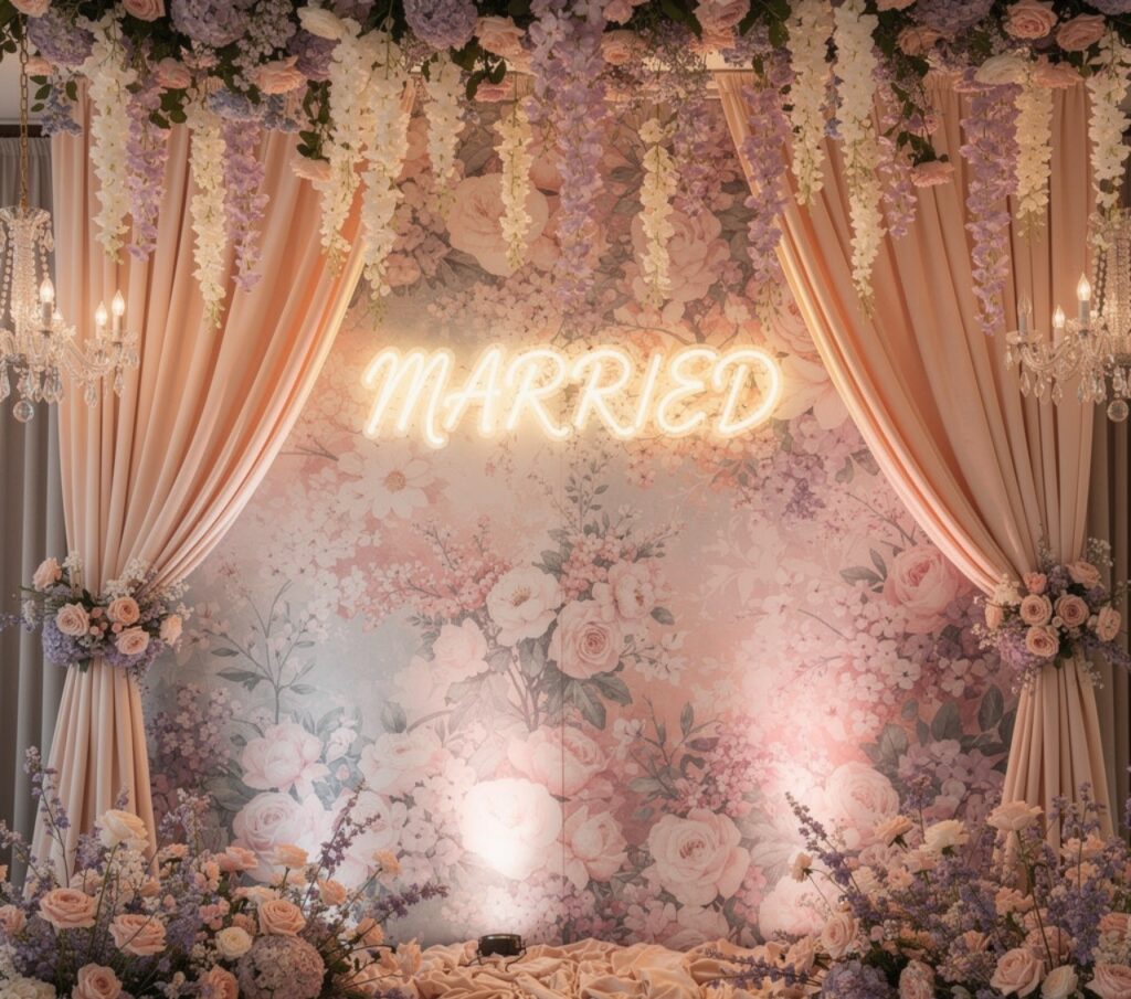 luxury pastel wedding photo backdrop with floral w