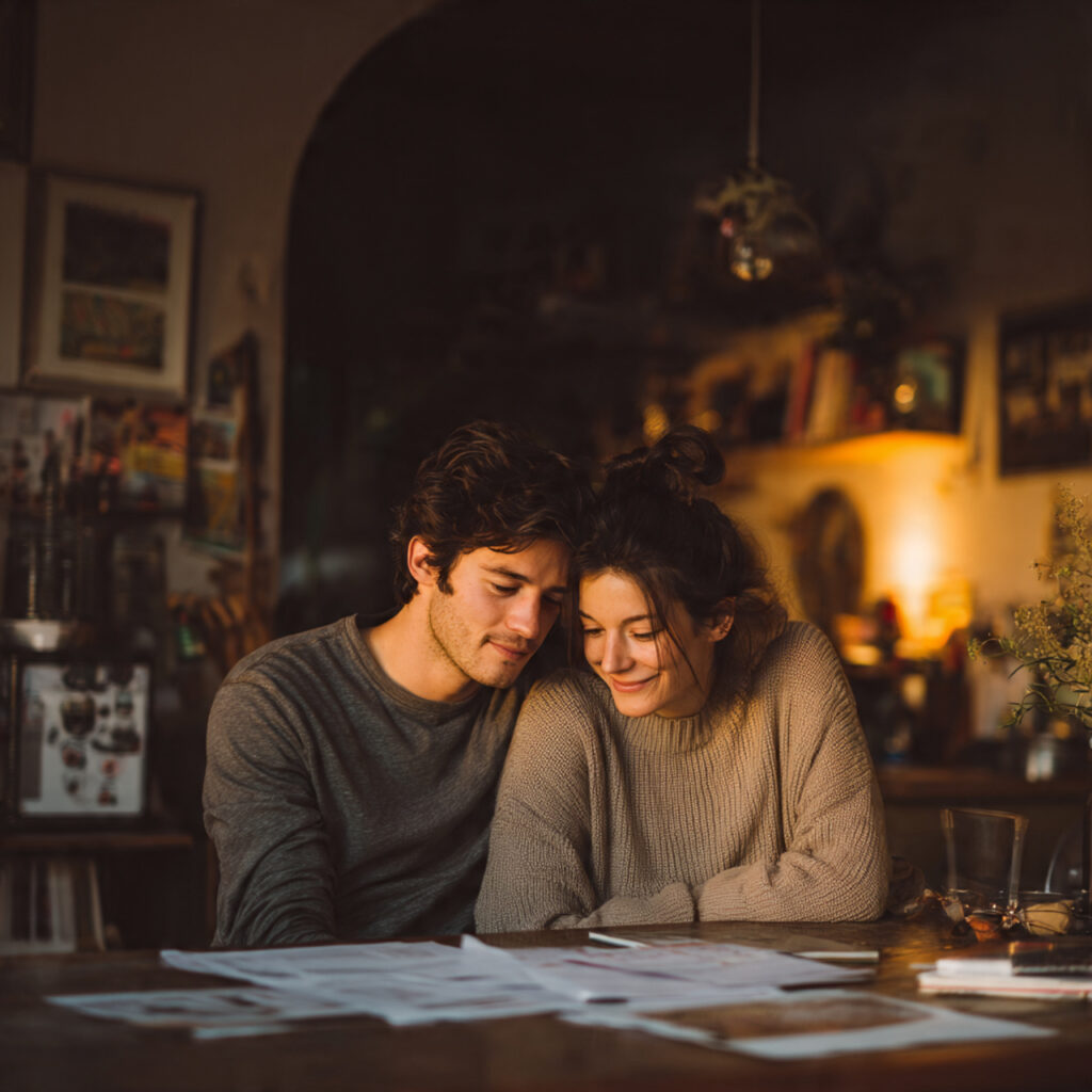 realistic lifestyle photography of a couple planni