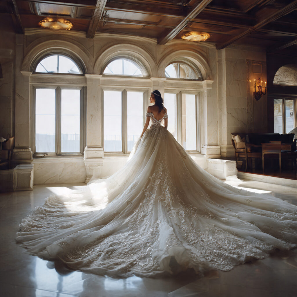 romantic wedding dress with long flowing train dra