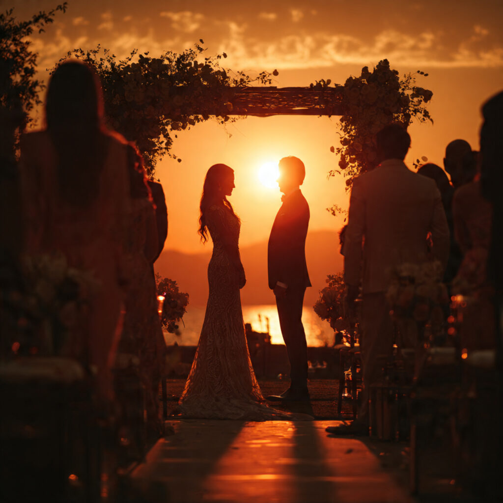 wedding ceremony during golden hour couple at alta